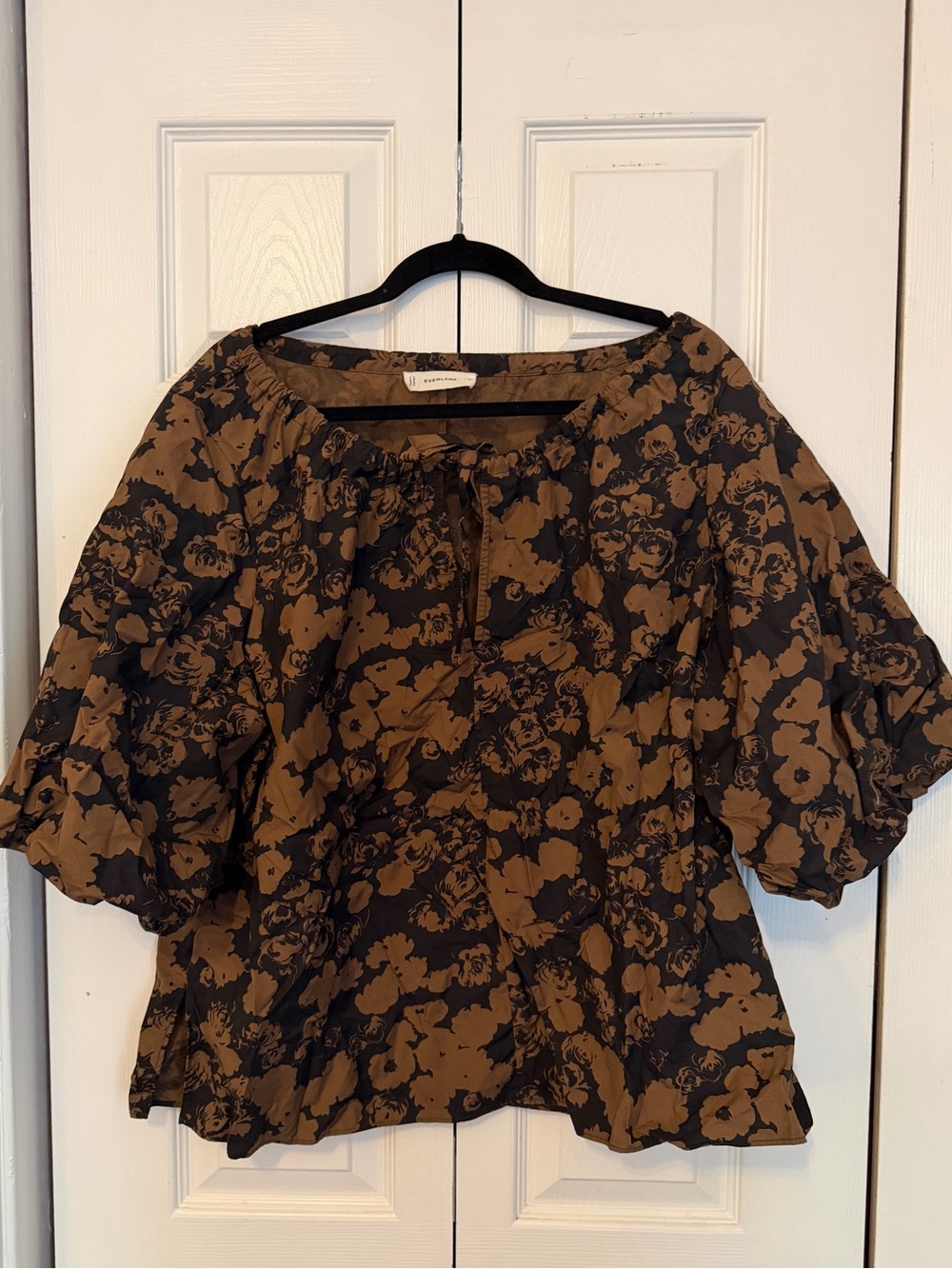 Everlane Brown and Black Floral Puff-Sleeve Blouse